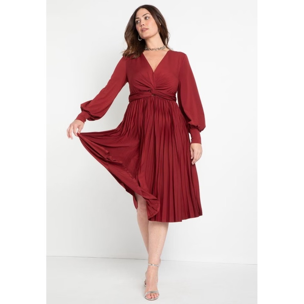 ELOQUII Party Dress NWT Knot Front Pleated Skirt Knee Length NWT Sz 20‎ Burgundy